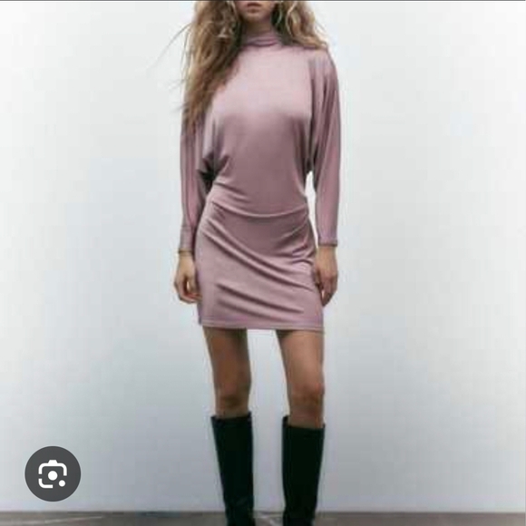 Zara Mauve Pink Slinky Ruched Bodycon Dress Mini with Dolman Sleeves Size S - Picture 3 of 13